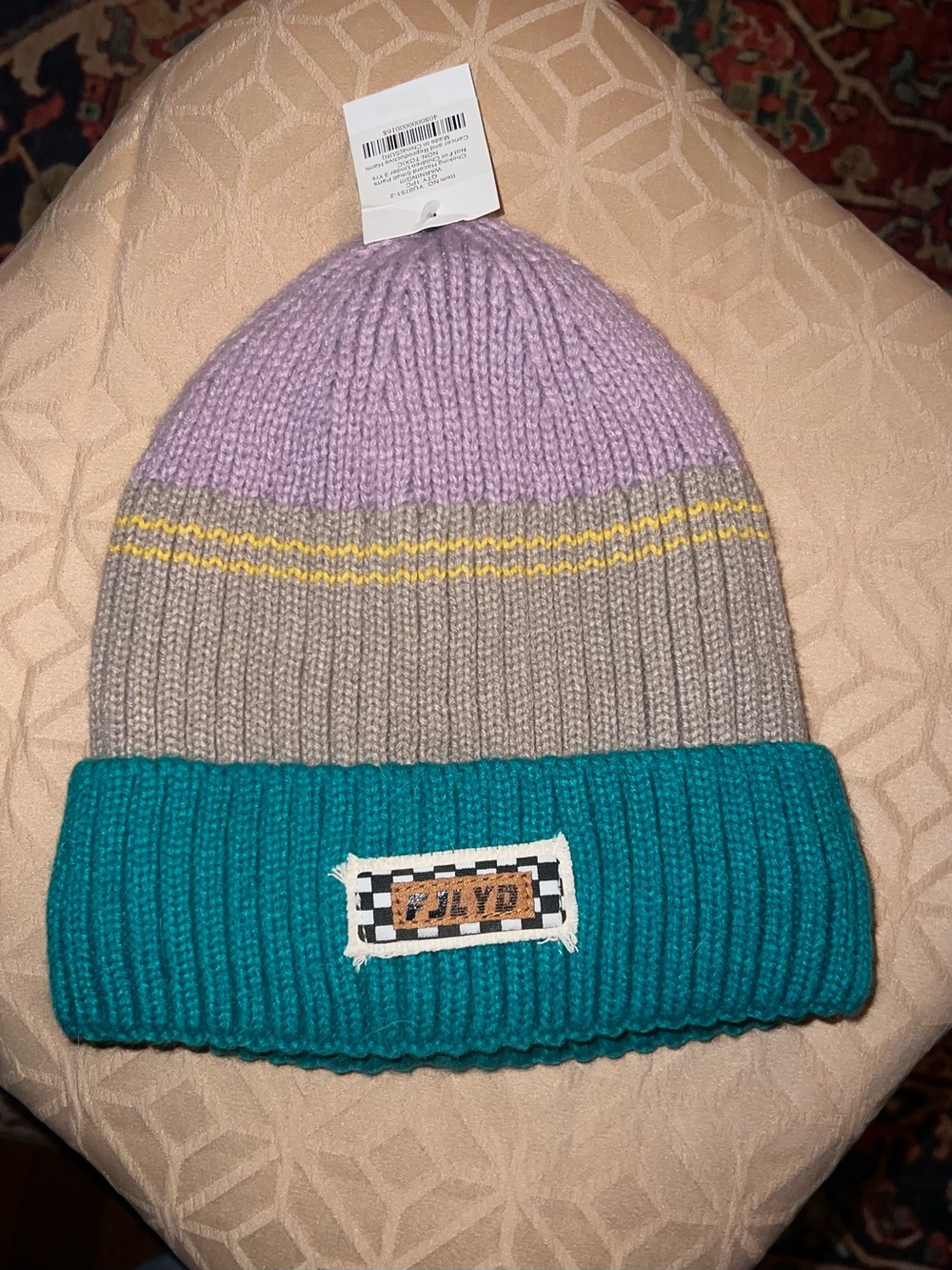 Colorblock Knit Beanie - Teal, Gray & Lavender